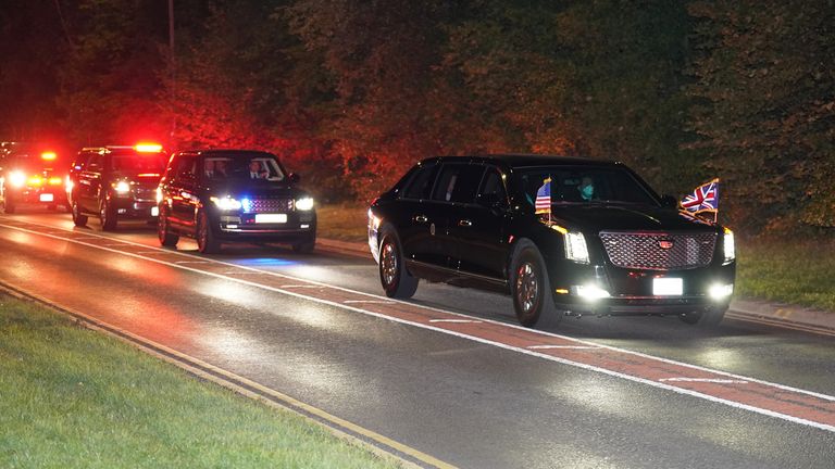 US President Joe Biden and the First Lady leave Stansted airport in their motorcade