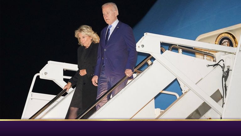 U.S. President Joe Biden and first lady Jill Biden step from Air Force One upon arrival at Stansted Airport to attend Monday’s funeral of Britain&#39;s Queen Elizabeth in London, Britain, September 17, 2022. REUTERS/Kevin Lamarque