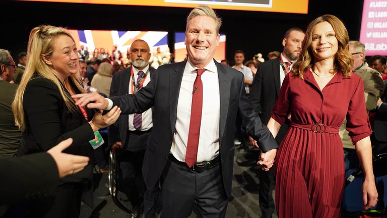 Labour Party leader Sir Keir Starmer, with his wife Victoria, leaves the stage after giving his keynote address during the Labour Party Conference at the ACC Liverpool. Picture date: Tuesday September 27, 2022.

