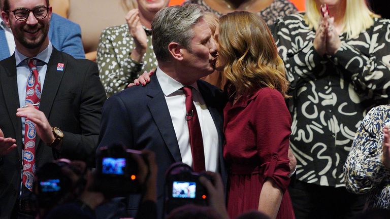 Labour Party leader Sir Keir Starmer kisses his wife Victoria after making his keynote address during the Labour Party Conference at the ACC Liverpool. Picture date: Tuesday September 27, 2022.