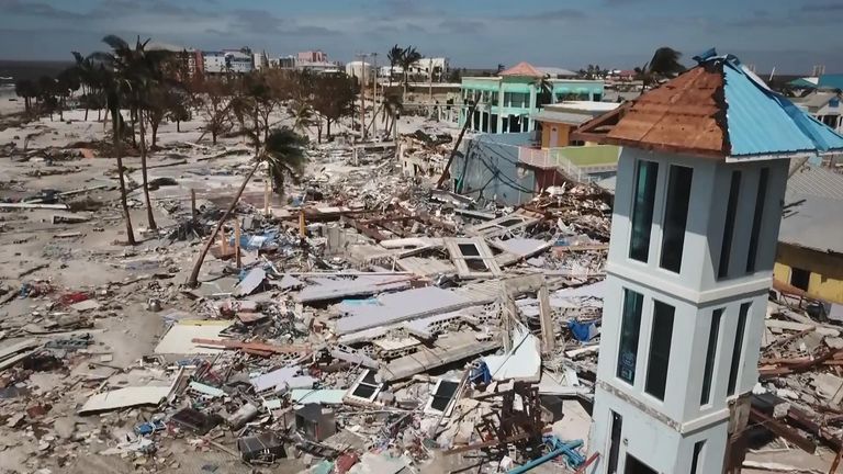 Sky News' Martha Kelner reports from the devastated city of Fort Myers Beach in Florida, which was devastated by Hurricane Ian.