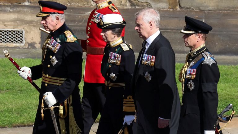 (Left-right) King Charles III, the Princess Royal, the Duke of York and the Earl of Wessex walk behind Queen Elizabeth II&#39;s coffin during the procession from the Palace of Holyroodhouse to St Giles&#39; Cathedral, Edinburgh. Picture date: Monday September 12, 2022.
