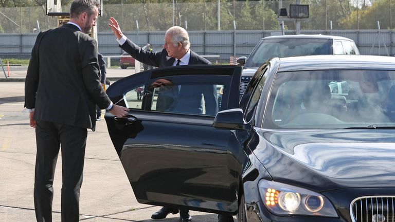 King Charles III waves to onlookers as he arrives at Belfast City Airport in Northern Ireland as the King continues his tour of the four home nations. Picture date: Tuesday September 13, 2022.
