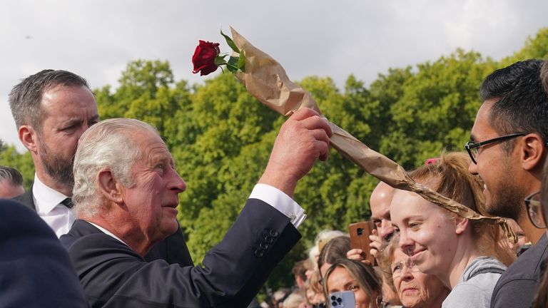 King Charles III is greeted by well-wishers during a walkabout to view tributes left outside Buckingham Palace, London, following the death of Queen Elizabeth II on Thursday. Picture date: Friday September 9, 2022.