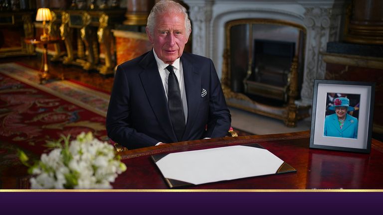 King Charles III delivers his address to the nation and the Commonwealth from Buckingham Palace, London, following the death of Queen Elizabeth II on Thursday. Picture date: Friday September 9, 2022.