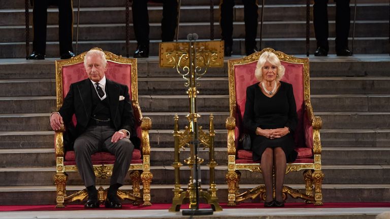 King Charles III and the Queen Consort at Westminster Hall, London, where both Houses of Parliament are meeting to express their condolences following the death of Queen Elizabeth II. Picture date: Monday September 12, 2022.