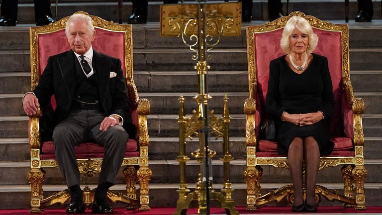 Britain&#39;s King Charles and Queen Camilla attend the presentation of Addresses by both Houses of Parliament in Westminster Hall, inside the Palace of Westminster, following the death of Britain&#39;s Queen Elizabeth, in central London, Britain September 12, 2022. Stefan Rousseau/Pool via REUTERS
