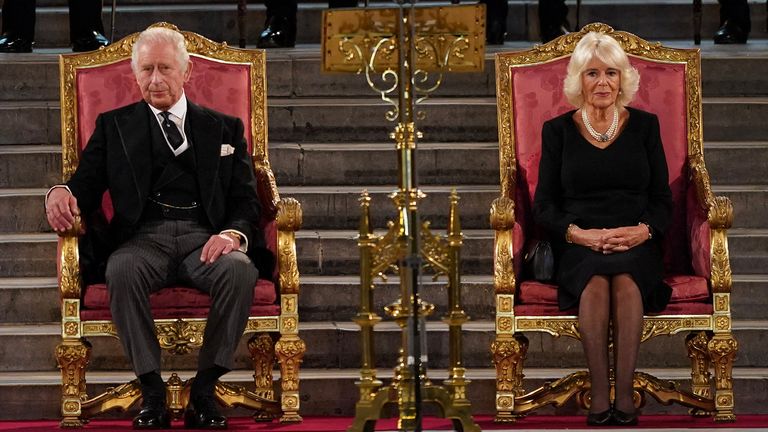 Britain&#39;s King Charles and Queen Camilla attend the presentation of Addresses by both Houses of Parliament in Westminster Hall, inside the Palace of Westminster, following the death of Britain&#39;s Queen Elizabeth, in central London, Britain September 12, 2022. Stefan Rousseau/Pool via REUTERS
