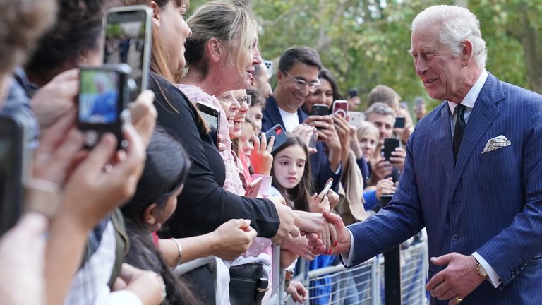 King Charles III greets the public outside Clarence House, London, after he has been formally declared monarch by the Privy Council, and holds audiences at Buckingham Palace with political leaders and religion following the death of Queen Elizabeth II on Thursday.  Date taken: Saturday, September 10, 2022.