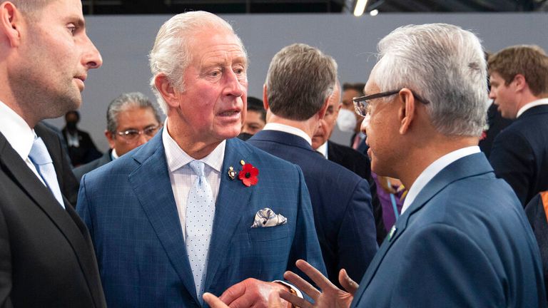 Britain&#39;s Prince Charles, left, chats with the Prime Minister of Mauritius, Pravind Jugnauth, right, during a Commonwealth Leaders&#39; Reception, at the COP26 Summit, at the SECC in Glasgow, Scotland, Tuesday, Nov. 2, 2021. The U.N. climate summit in Glasgow gathers leaders from around the world, in Scotland&#39;s biggest city, to lay out their vision for addressing the common challenge of global warming. Pic: AP
