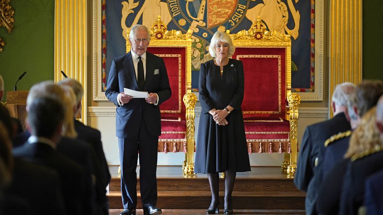 King Charles III, with the Queen Consort, speaking after receiving a Message of Condolence by Alex Maskey, the Speaker of the Northern Ireland Assembly, at Hillsborough Castle, Co Down, following the death of Queen Elizabeth II on Thursday. Picture date: Tuesday September 13, 2022.
