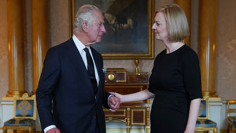 King Charles III during his first audience with Prime Minister Liz Truss at Buckingham Palace, London, following the death of Queen Elizabeth II on Thursday.  Date taken: Friday, September 9, 2022.