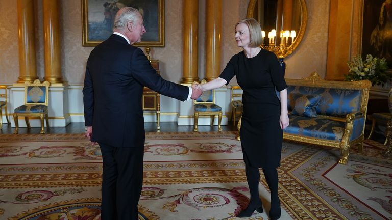 King Charles III during his first audience with Prime Minister Liz Truss at Buckingham Palace, London, following the death of Queen Elizabeth II on Thursday. Picture date: Friday September 9, 2022.