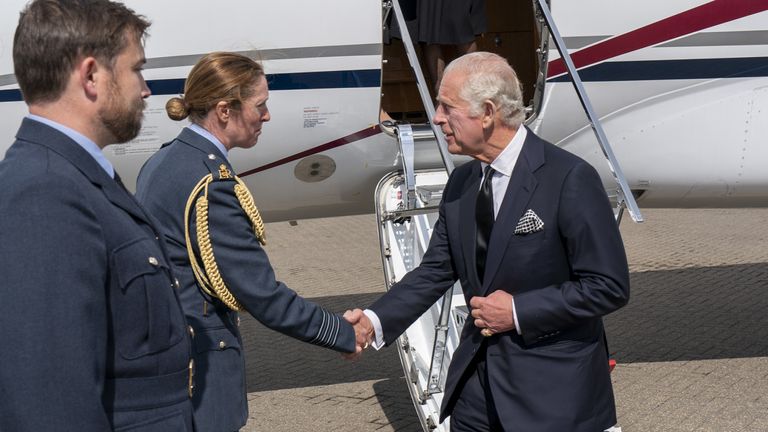 King Charles III and the Queen arriving at RAF Northolt in London are welcomed by Station Commander Group Captain McPhaden as they travel from Balmoral to London following the death of Queen Elizabeth II on Thursday. Picture date: Friday September 9, 2022.

