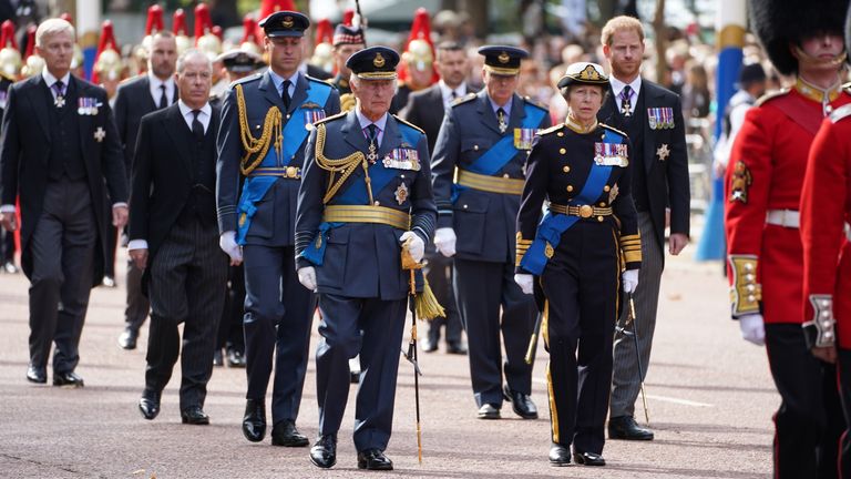 (from left to right) The Prince of Wales, King Charles III, The Princess Royal and the Duke of Sussex follow the coffin of Queen Elizabeth II, dressed in Royal Standard with the Royal Crown placed on her head, was carried in a carriage, the gun carriage of the King's Royal Artillery Army, during a ceremonial procession from Buckingham Palace to Westminster Hall, London, where it will be left untouched before her funeral on Monday.  Date taken: Wednesday, September 14, 2022.