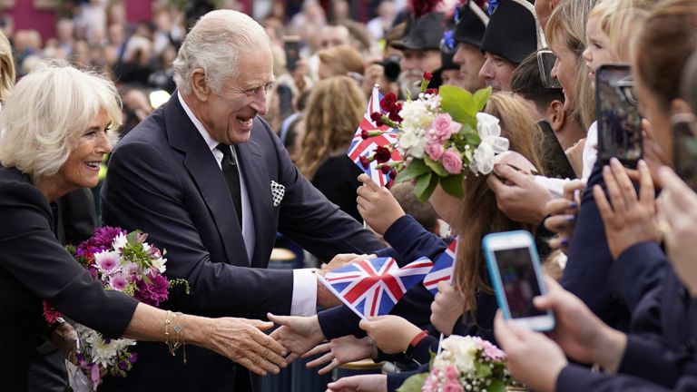 King Charles III and the Queen Consort meet crowds outside Hillsborough Castle, County Down, Northern Ireland