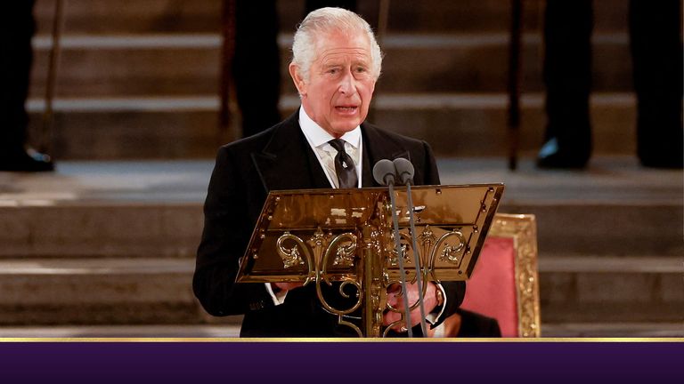 Britain&#39;s King Charles makes an address in Westminster Hall, following the death of Britain&#39;s Queen Elizabeth, in London, Britain, September 12, 2022. REUTERS/John Sibley/Pool