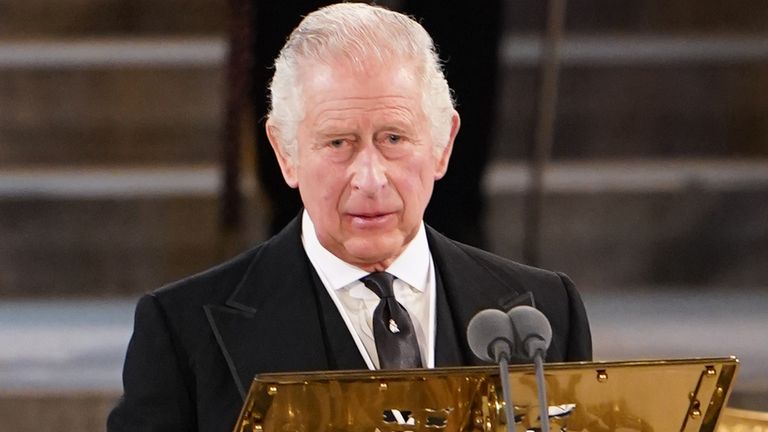 King Charles III gives his address thanking the members of the House of Lords and the House of Commons for their condolences, at Westminster Hall, London, following the death of Queen Elizabeth II. Picture date: Monday September 12, 2022.