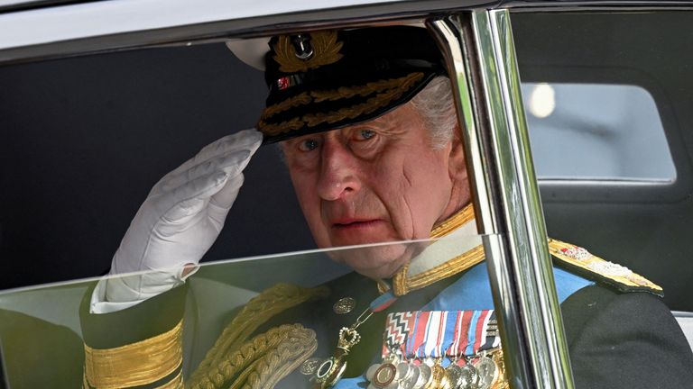 Britain&#39;s King Charles salutes as he departs Wellington Arch on the day of the state funeral and burial of Britain&#39;s Queen Elizabeth, in London, Britain, September 19, 2022 REUTERS/Toby Melville
