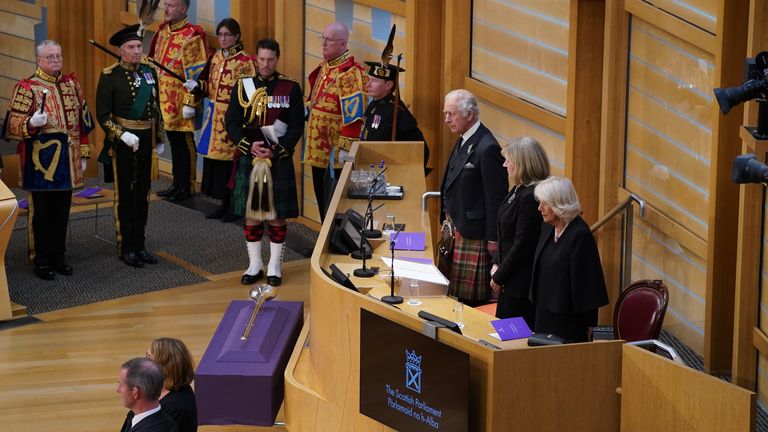 King Charles III and the Queen Consort during a visit to the Scottish Parliament in Holyrood, Edinburgh. Picture date: Monday September 12, 2022.

