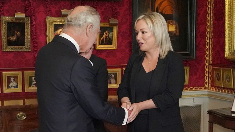 King Charles III meeting Sinn Fein Vice President Michelle O'Neill at Hillsborough Castle