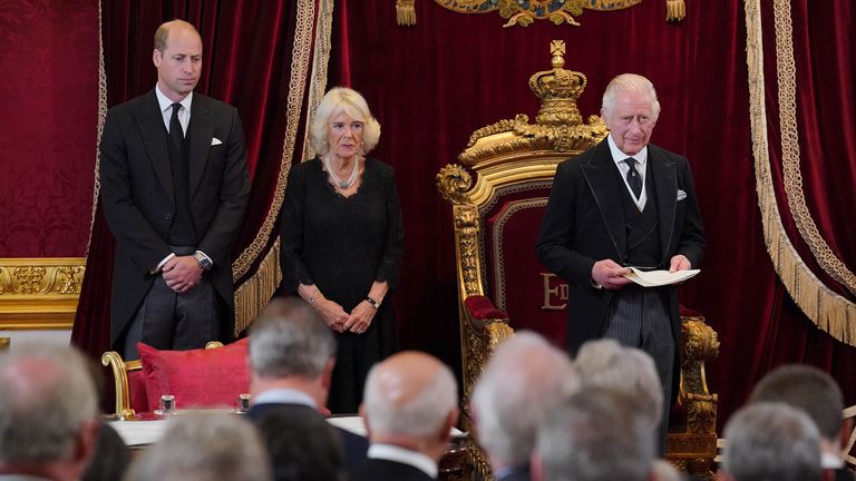 (left to right) The Prince of Wales, the Queen, and King Charles III during the Accession Council at St James&#39;s Palace, London, where King Charles III is formally proclaimed monarch. Charles automatically became King on the death of his mother, but the Accession Council, attended by Privy Councillors, confirms his role. Picture date: Saturday September 10, 2022.