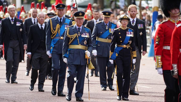 (left to right) the Prince of Wales, King Charles III, the Princess Royal and Duke of Sussex follow the coffin of Queen Elizabeth II, draped in the Royal Standard with the Imperial State Crown placed on top, is carried on a horse-drawn gun carriage of the King&#39;s Troop Royal Horse Artillery, during the ceremonial procession from Buckingham Palace to Westminster Hall, London, where it will lie in state ahead of her funeral on Monday. Picture date: Wednesday September 14, 2022.