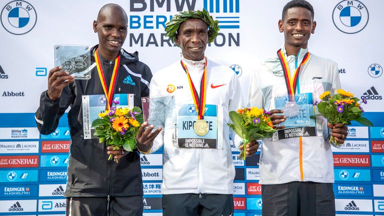 Mark Korir (L), Eliud Kipchoge and Tadu Abate.  Photo: AP