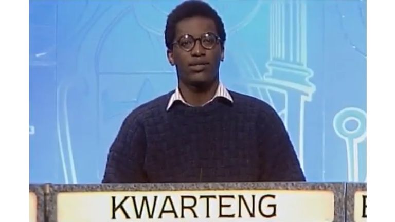 One of tonight&#39;s  BBCQT panellists comes with some pedigree: Conservatives MP Kwasi Kwarteng helped Trinity College, Cambridge to the 1995 University Challenge title.
Credit:BBC
