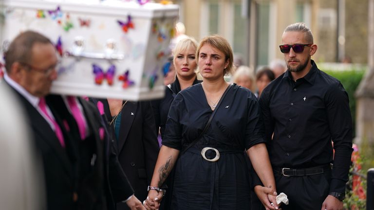 The coffin of nine-year-old stabbing victim Lilia Valutyte being carried into St Botolph&#39;s Church in Boston, Lincolnshire followed by her mother Lina Savicke and step-father Aurelijus Savickas. Picture date: Friday September 2, 2022.

