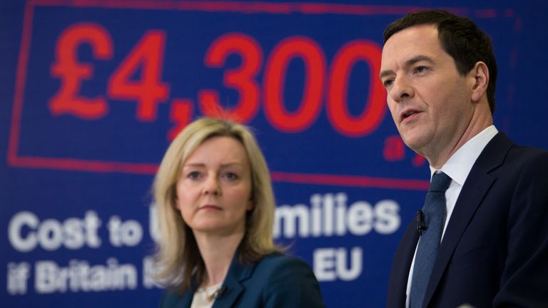 BRISTOL, ENGLAND - APRIL 18:  Chancellor George Osborne speaks alongside Secretary of State for Environment, Food and Rural Affairs, Elizabeth Truss at an event at the National Composites Centre at the Bristol and Bath Science Park on April 18, 2016 in Bristol, England. During his speech he warned that the UK would be permanently poorer outside the European Union ahead of the referendum on membership on June 23. A report published by the Treasury claims the cost of an EU exit could cost a household the equivalent of .4,300 by 2030.  (Photo by Matt Cardy - WPA Pool /Getty Images)