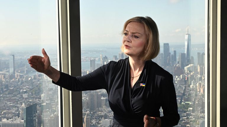 British Prime Minister Liz Truss looks on as she speaks to the media at the Empire State building in New York, U.S., September 20, 2022. REUTERS/Toby Melville/Pool
