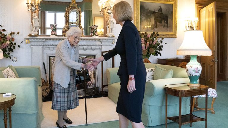 Queen Elizabeth II greets Liz Truss during an audience in Balmoral, Scotland, where she invites the newly elected leader of the Conservative party to become Prime Minister and form a new government.  Date taken: Tuesday, September 6, 2022.