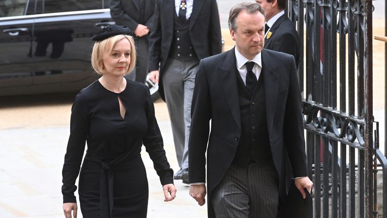 Picture Shows Liz Truss and her husband at the funeral of Her Majesty the Queen at Westminster Abbey September 19, 2022. Geoff Pugh for the Telegraph/Pool via REUTERS
