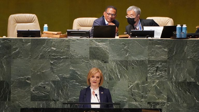 Prime Minister Liz Truss delivers a speech to members of the United Nations in New York during her visit to the US to attend the 77th UN General Assembly. Picture date: Wednesday September 21, 2022.
