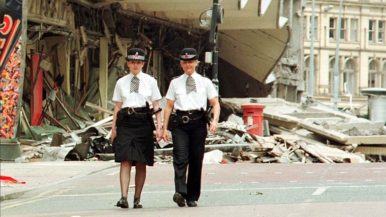 WPc Wendy McCormick (right) on the beat outside the destroyed Marks and Spencers building in Manchester with her colleague WPc Vanessa Winstanley today (Tuesday). Pc McCormick spoke today of her fear when she discovered Saturday&#39;s IRA bomb van outside the shop. Photo by Peter Wilcock/PA. SEE PA STORIES BLAST Manchester.
8-Jun-1996
