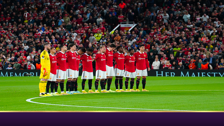 Manchester United take part in a minutes silence following the announcement of the death of Queen Elizabeth II prior to the UEFA Europa League Group E match at Old Trafford, Manchester. Picture date: Thursday September 8, 2022