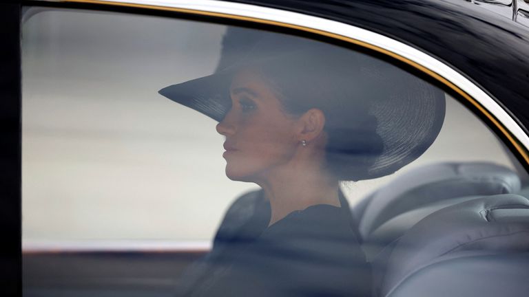 Britain&#39;s Meghan, Duchess of Sussex, sits in a car on the day of the state funeral and burial of Britain&#39;s Queen Elizabeth, at Westminster Abbey, in London, Britain, September 19, 2022. REUTERS/Sarah Meyssonnier/Pool
