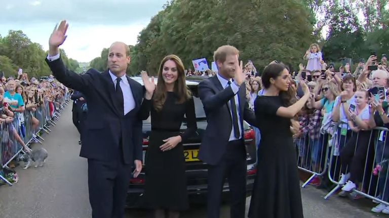Prince and Princess of Wales and Duke and Duchess of Sussex greet crowds in Windsor