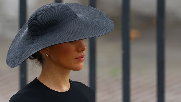 Britain&#39;s Meghan, Duchess of Sussex, walks outside Westminster Abbey on the day of the state funeral and burial of Britain&#39;s Queen Elizabeth, in London, Britain, September 19, 2022. REUTERS/Hannah McKay/Pool