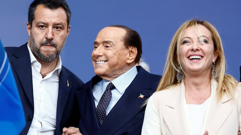 Matteo Salvini,  Silvio Berlusconi and Giorgia Meloni at the centre-right&#39;s coalition closing rally
