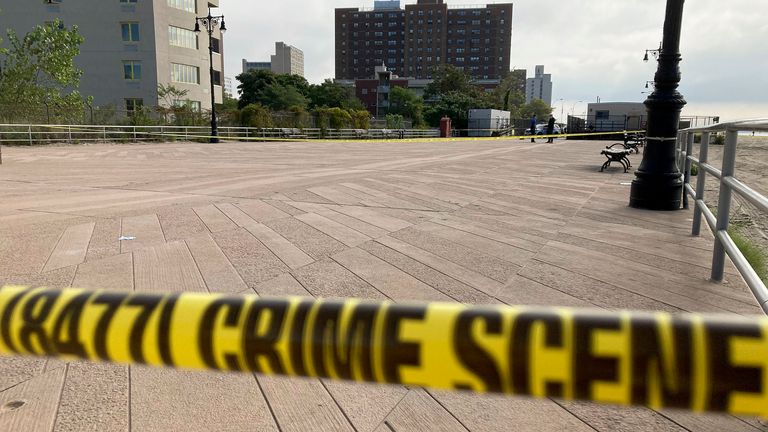 A section of the Coney Island boardwalk near a stretch of beach where three children were found dead in the surf, Monday, Sept. 12, 2022. Pic: AP