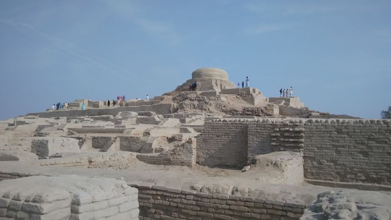 Mohenjo Daro, the sign of indus valley civilization. Buddhist stupa of mohenjodaro. Ruins and archaeolgical site of mohen jo daro sindh Pakistan stock photo