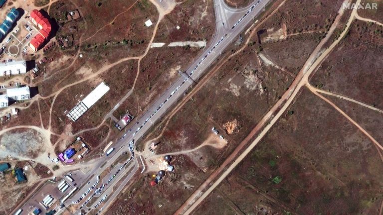 Satellite image showing the border crossing between Russia and Mongolia at the Khyagt border post on 23 September (Pic: Maxar Technologies)