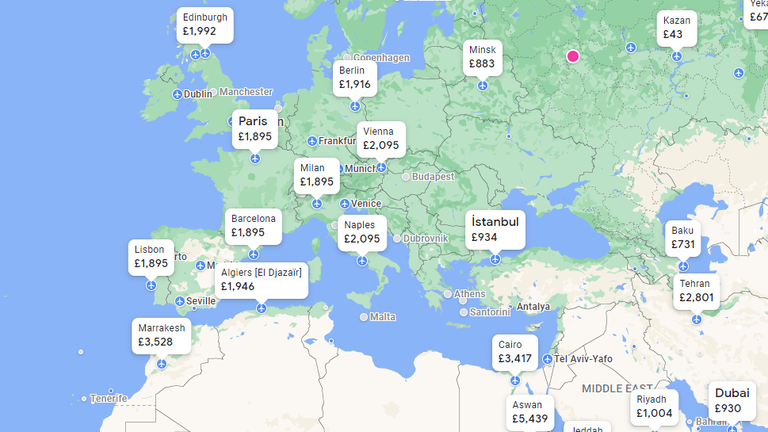 Google flight data showing the price of a flight from Moscow to European destinations on Saturday 24 September 2022