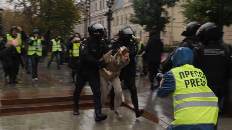 Protestor being dragged away by police in Moscow. 24th Sept 2022.