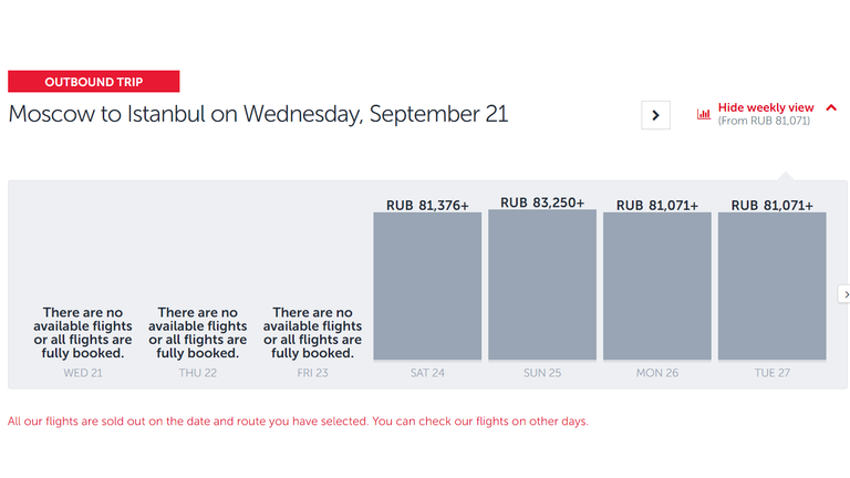 This morning, flights scheduled to leave Moscow for Istanbul on Wednesday, Thursday Friday had sold out while others were priced at thousands of pounds. Pic: Turkish Airlines