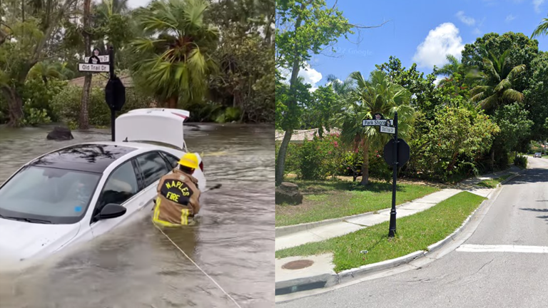 The whole street is completely flooded, trapping a driver inside their car.  Photo: Fire Brigade of Naples