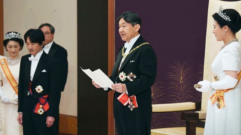 Japanese Emperor Naruhito delivers his first speech after his ascension to the throne on 1 May 2019. Pic: AP