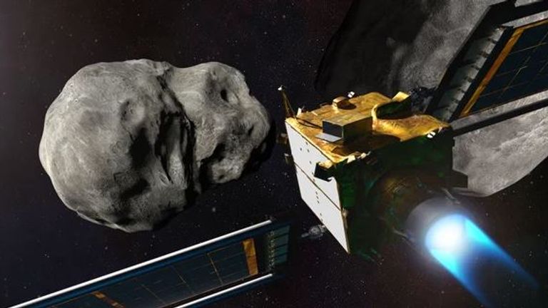 Illustration of NASA's DART spacecraft during its collision with the asteroid Dimorphos. Image: NASA/Johns Hopkins APL